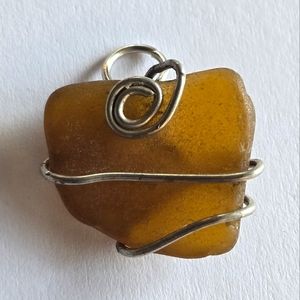 Sea glass pendant charm brown seaglass wire wrap silver tone handmade